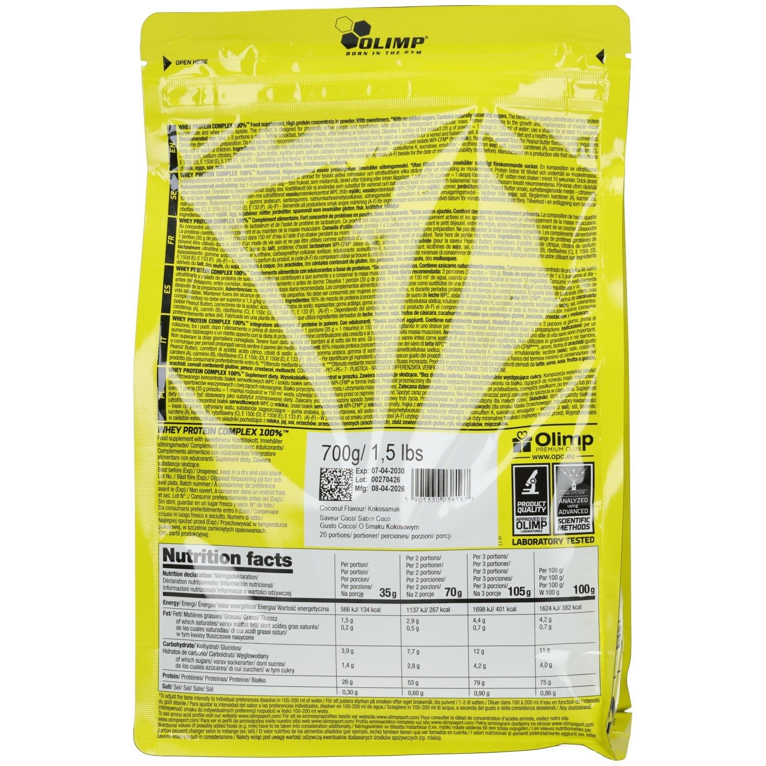 Rückseite der gelben Olimp Whey Protein Complex 100% Verpackung. Enthält Nährwertangaben und 700g.