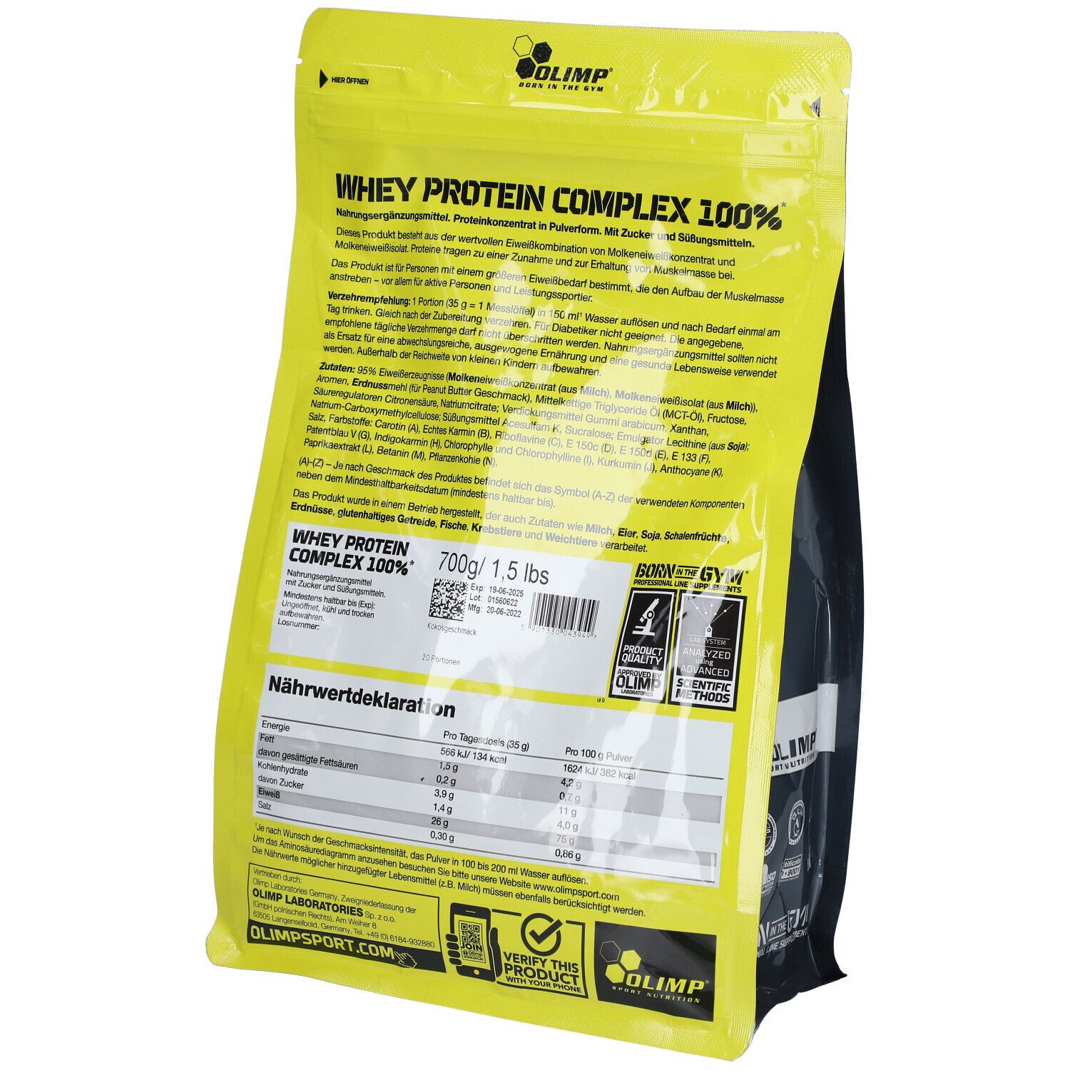 Seitenansicht der gelben Olimp Whey Protein Complex 100% Verpackung mit deutschen Texten. 700g.