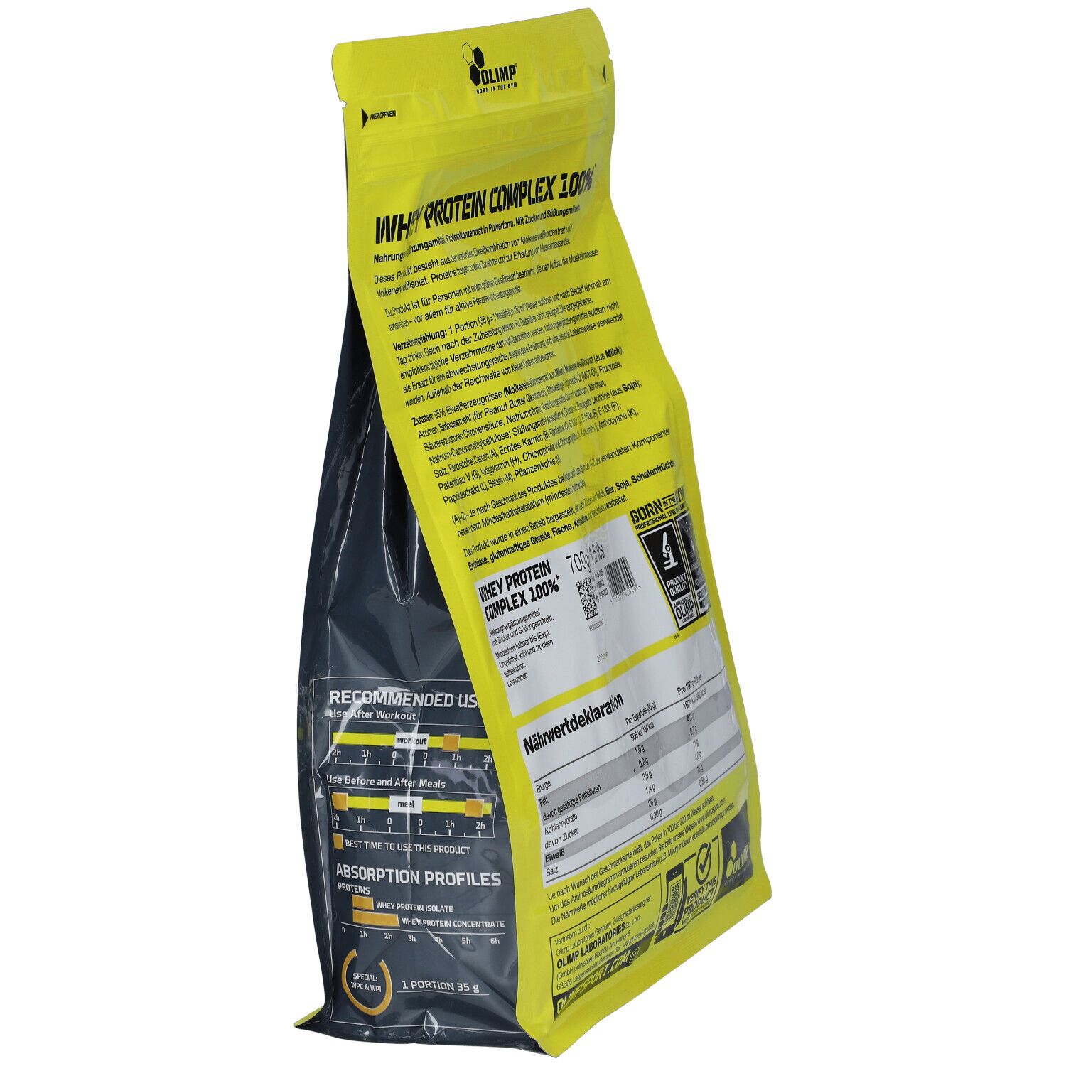 Schräge Ansicht der gelben Olimp Whey Protein Complex 100% Verpackung. Enthält Nährwertangaben. 700g.