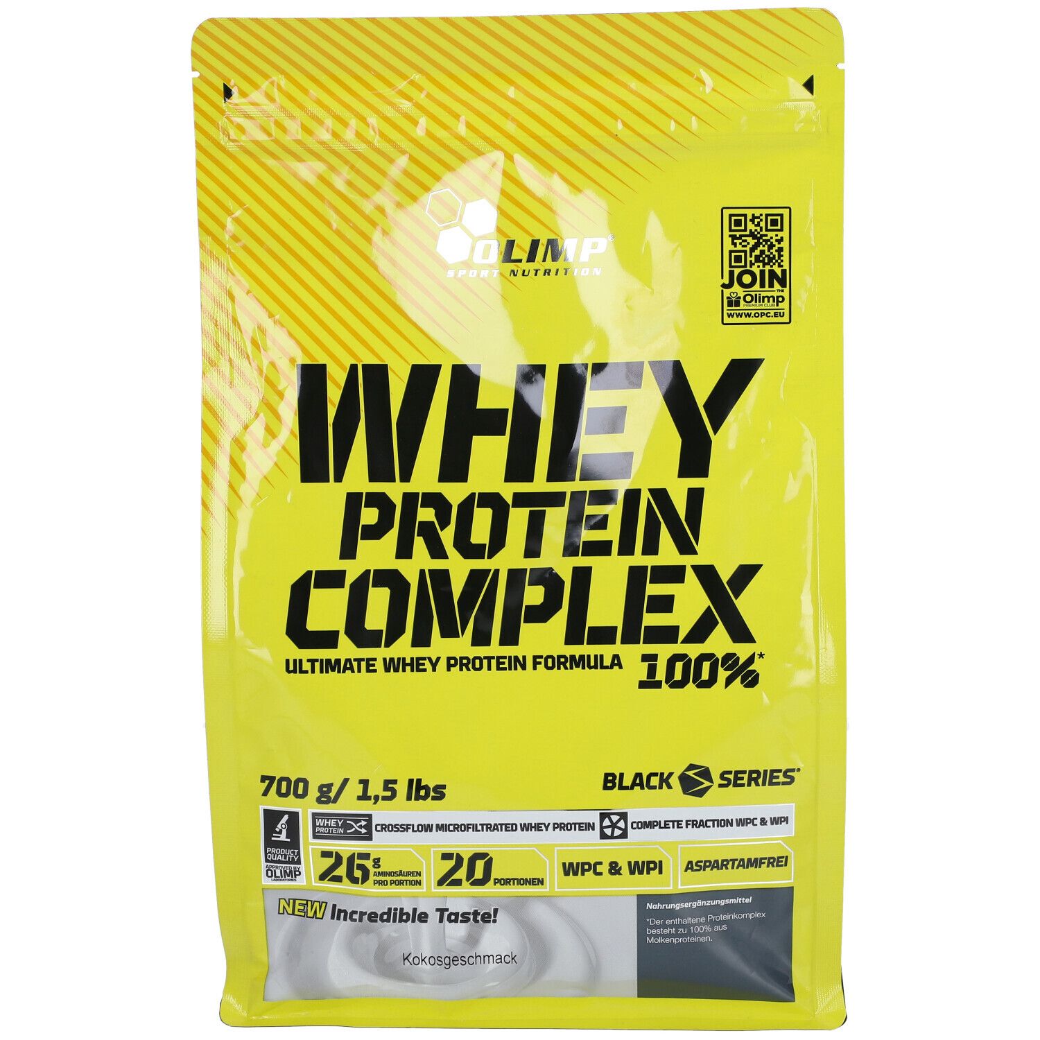 Vorderseite der gelben Olimp Whey Protein Complex 100% Verpackung. Kokosgeschmack, 700g.