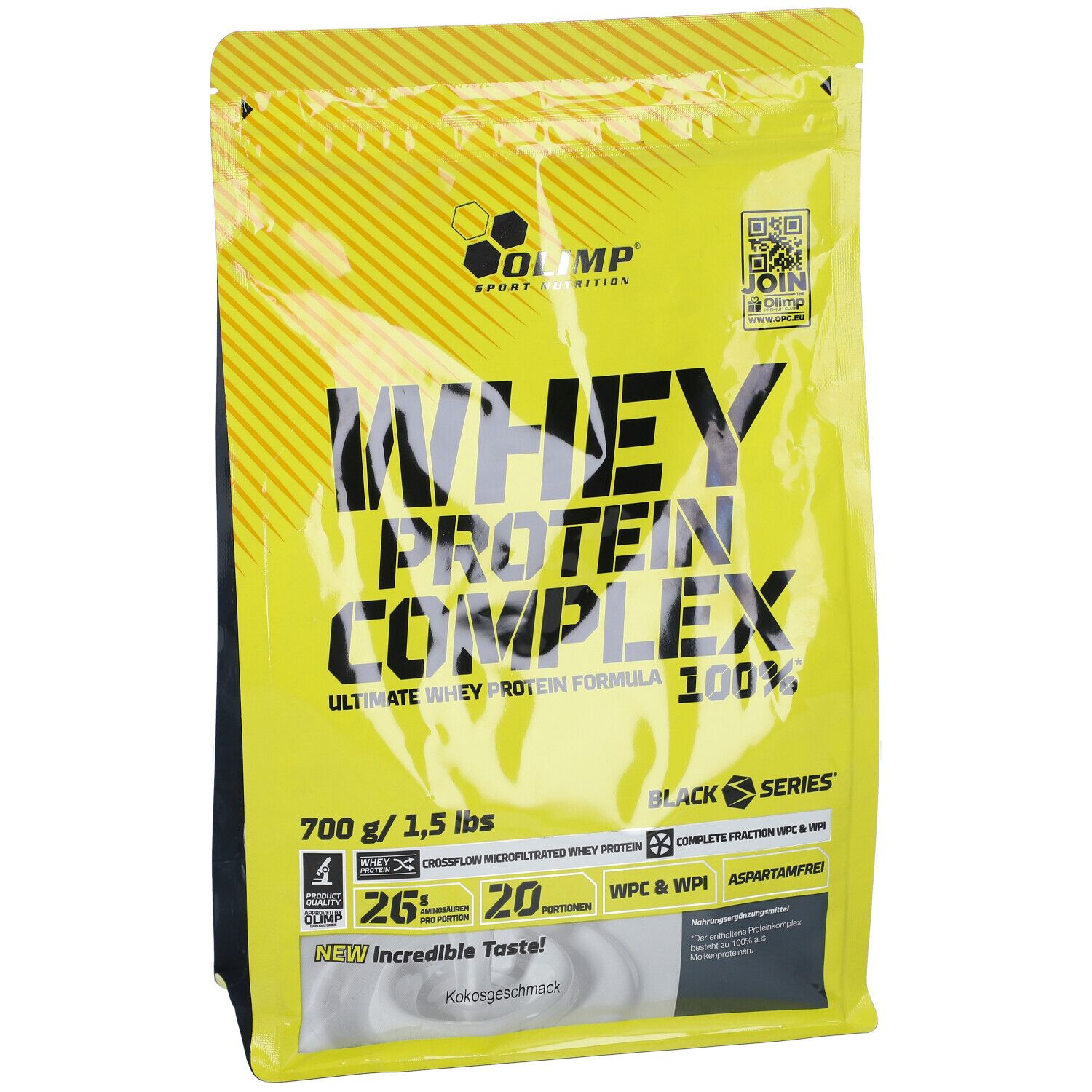 Vorderseite der gelben Olimp Whey Protein Complex 100% Verpackung. Kokosgeschmack, 700g.