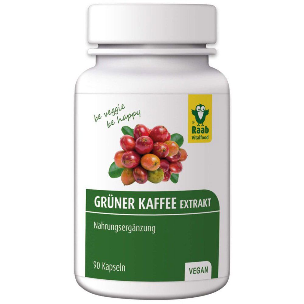 Weiße Flasche mit grünem Etikett. Aufschrift: Grüner Kaffee Extrakt, Nahrungsergänzung. 90 Kapseln. Vegan.