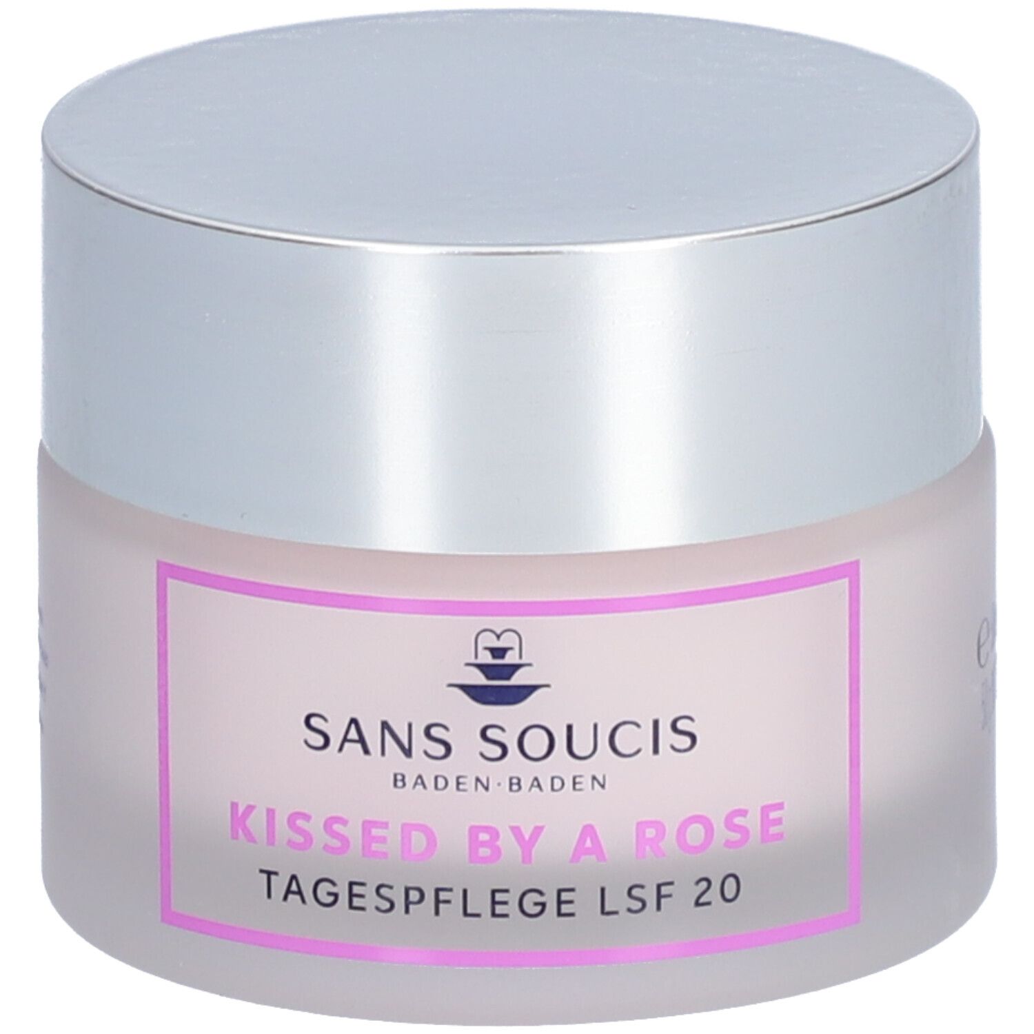 Creme-Tiegel mit silbernem Deckel. Aufschrift: SANS SOUCIS, Kissed by a Rose, Tagespflege LSF 20.