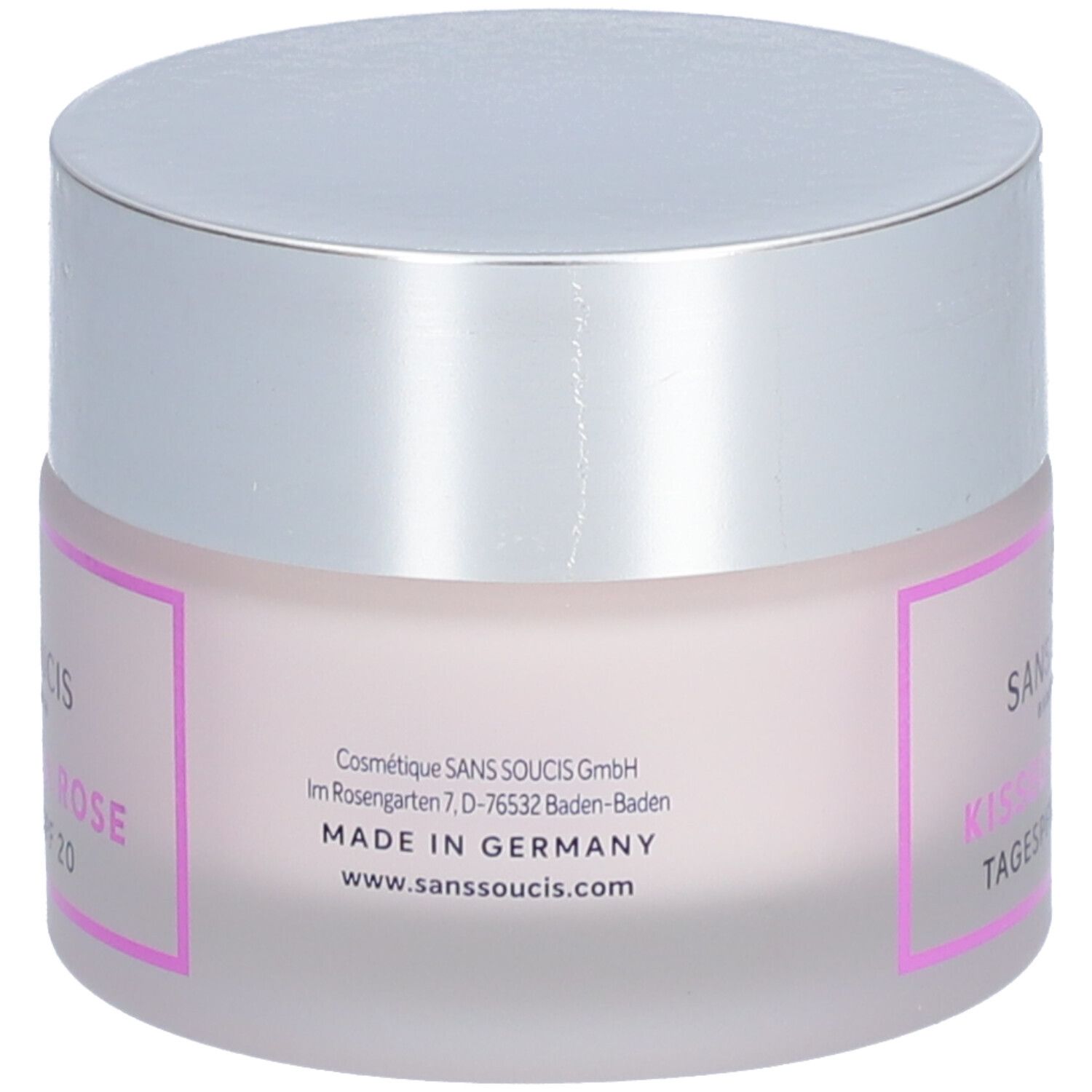 Creme-Tiegel, Rückseite. Aufschrift: SANS SOUCIS, Kissed by a Rose, Made in Germany, www.sanssoucis.com.