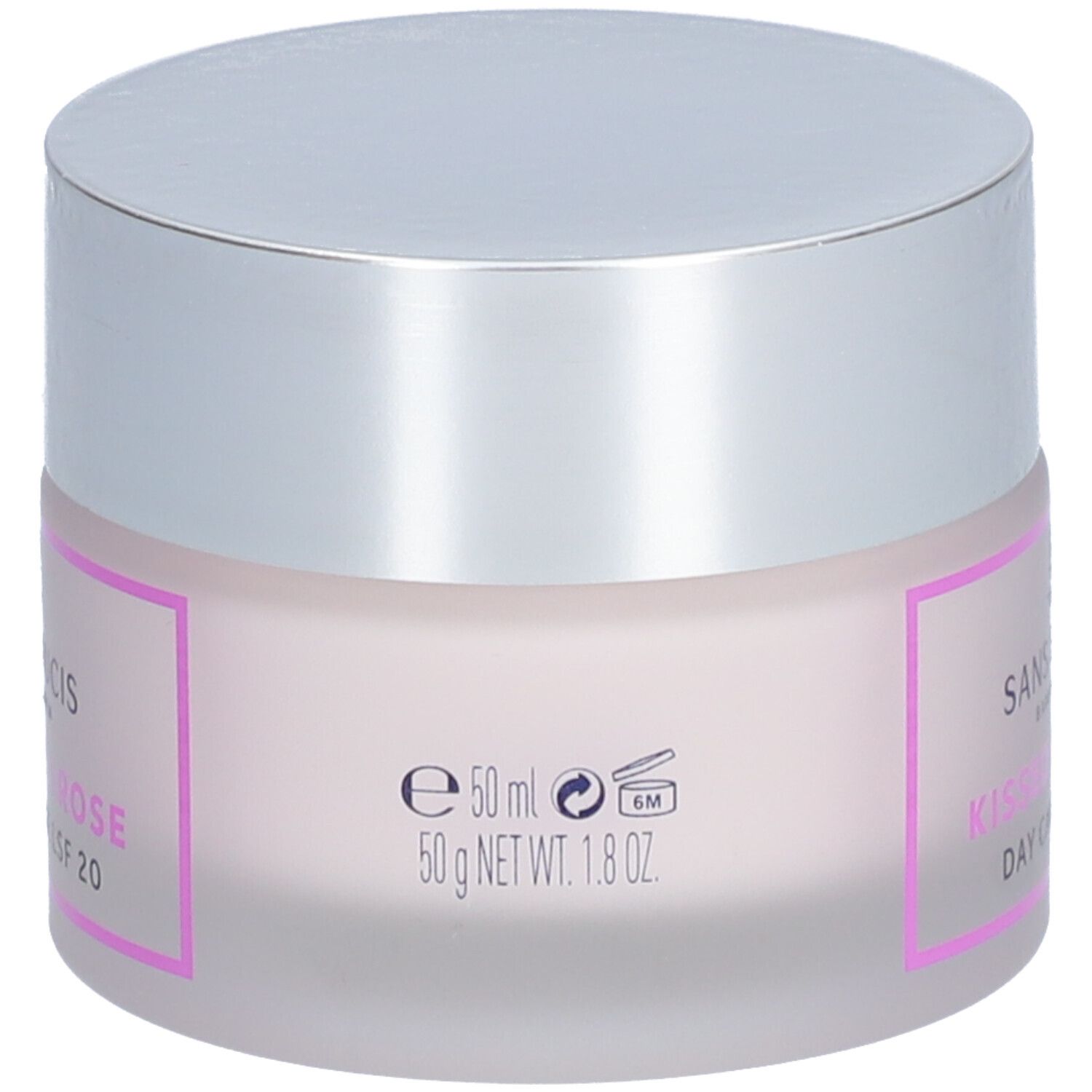Creme-Tiegel mit silbernem Deckel. Aufschrift: SANS SOUCIS, Kissed by a Rose, Day Care SPF 20, 50 ml, 50 g NET WT. 1.8 OZ.