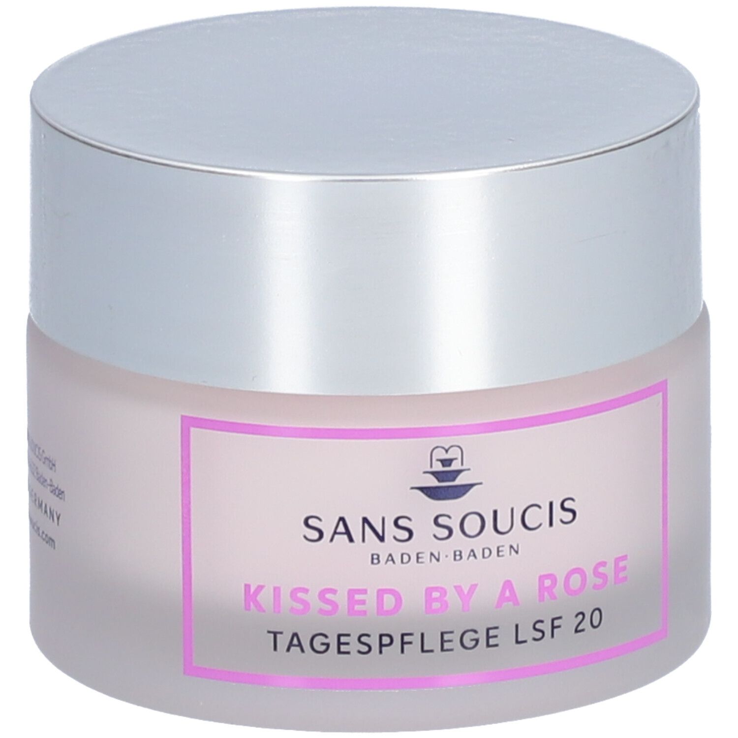 Creme-Tiegel mit silbernem Deckel. Aufschrift: SANS SOUCIS, Kissed by a Rose, Tagespflege LSF 20.