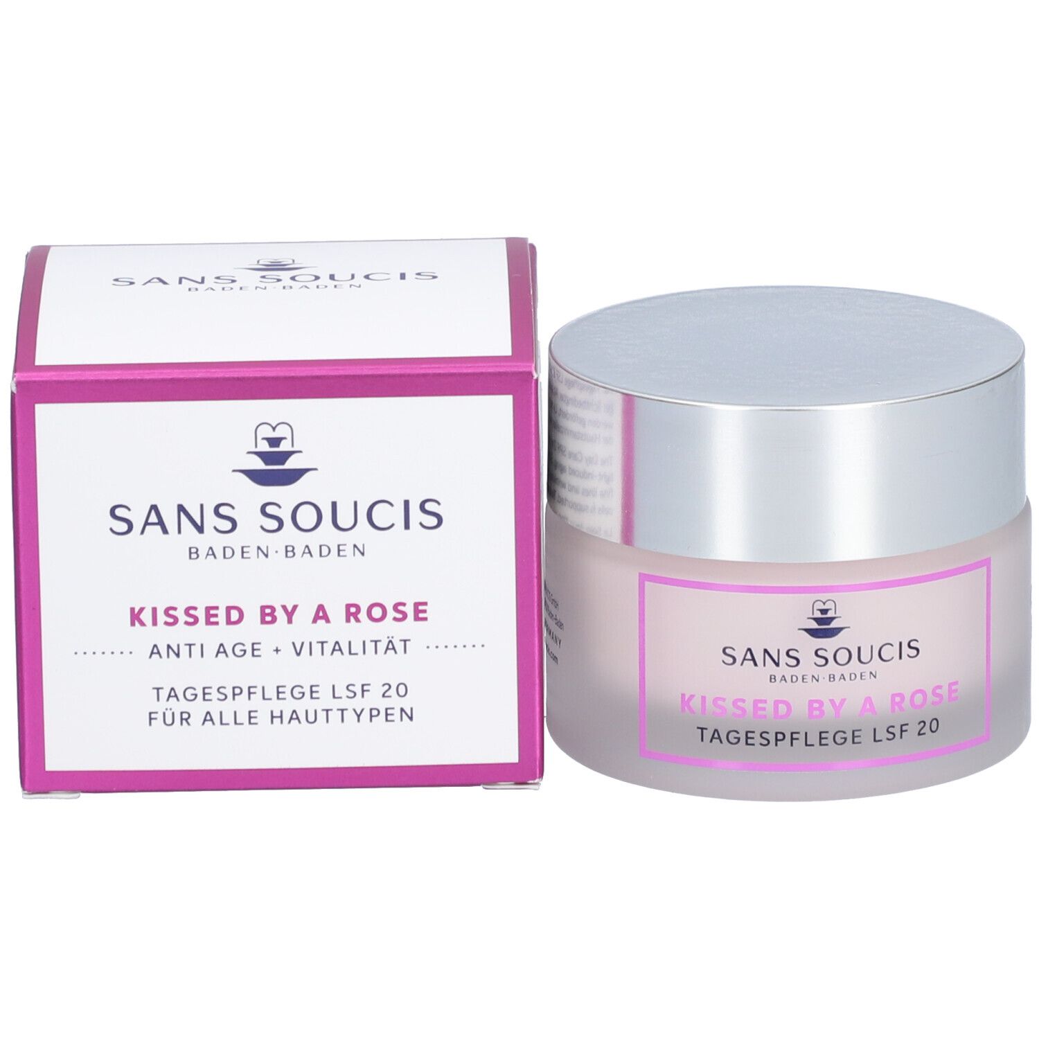 Creme-Tiegel und Verpackung. Aufschrift: SANS SOUCIS, Kissed by a Rose, Tagespflege LSF 20, Anti Age + Vitalität.