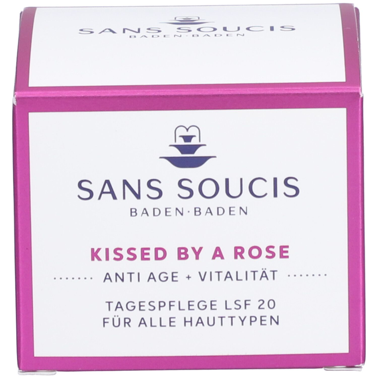 Verpackung. Aufschrift: SANS SOUCIS, Kissed by a Rose, Tagespflege LSF 20, Anti Age + Vitalität, für alle Hauttypen.