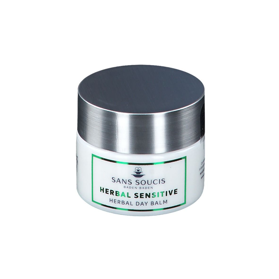 Pot blanc avec couvercle argenté. Autocollant avec bordure verte et inscription: HERBAL SENSITIVE HERBAL DAY BALM.