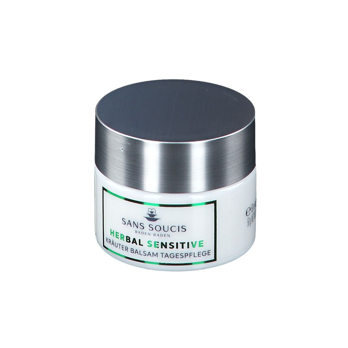 Pot blanc avec couvercle argenté. Autocollant avec bordure verte et inscription: HERBAL SENSITIVE KRÄUTER BALSAM TAGESPFLEGE.