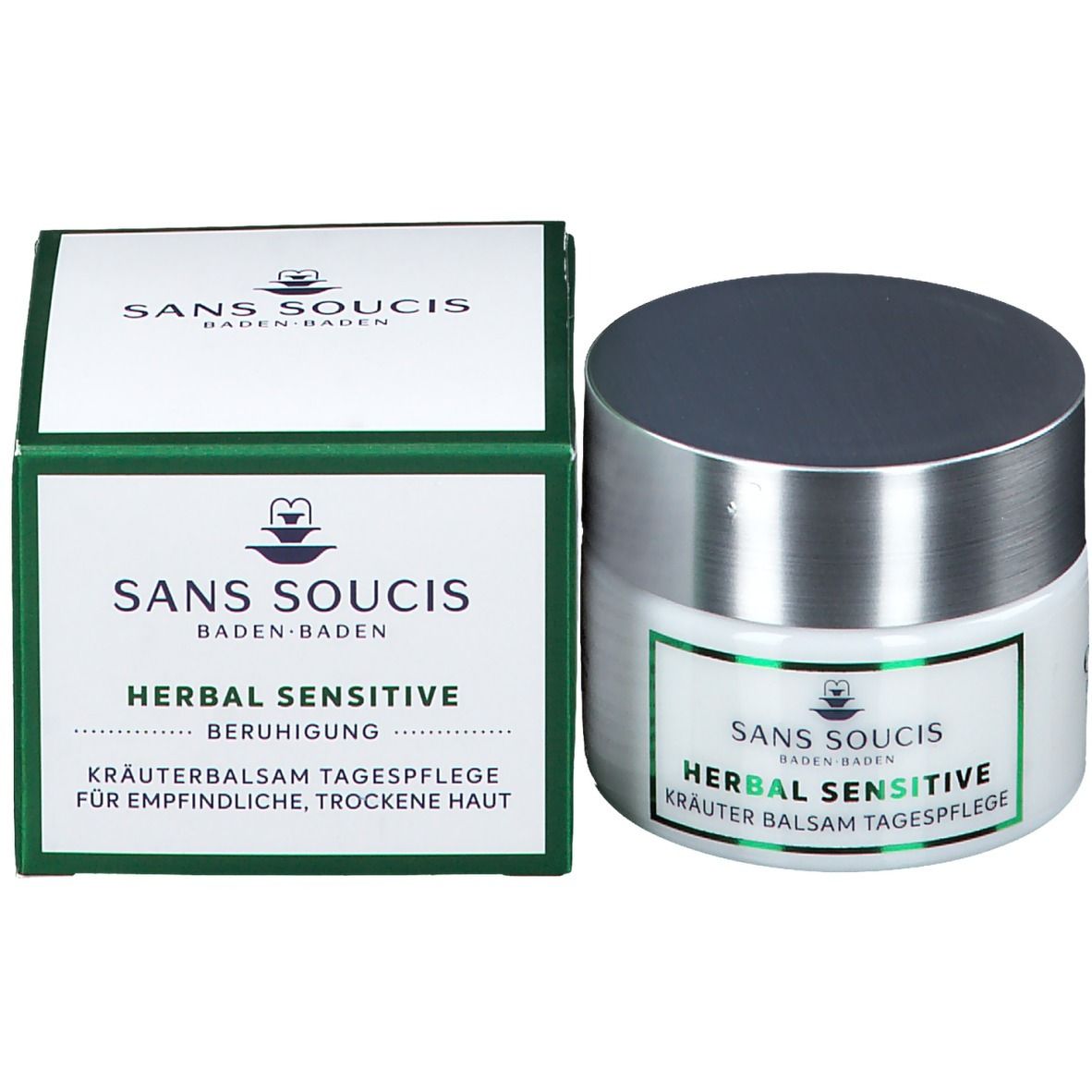 Pot blanc avec couvercle argenté et emballage vert. Autocollant avec inscription: HERBAL SENSITIVE KRÄUTER BALSAM TAGESPFLEGE.