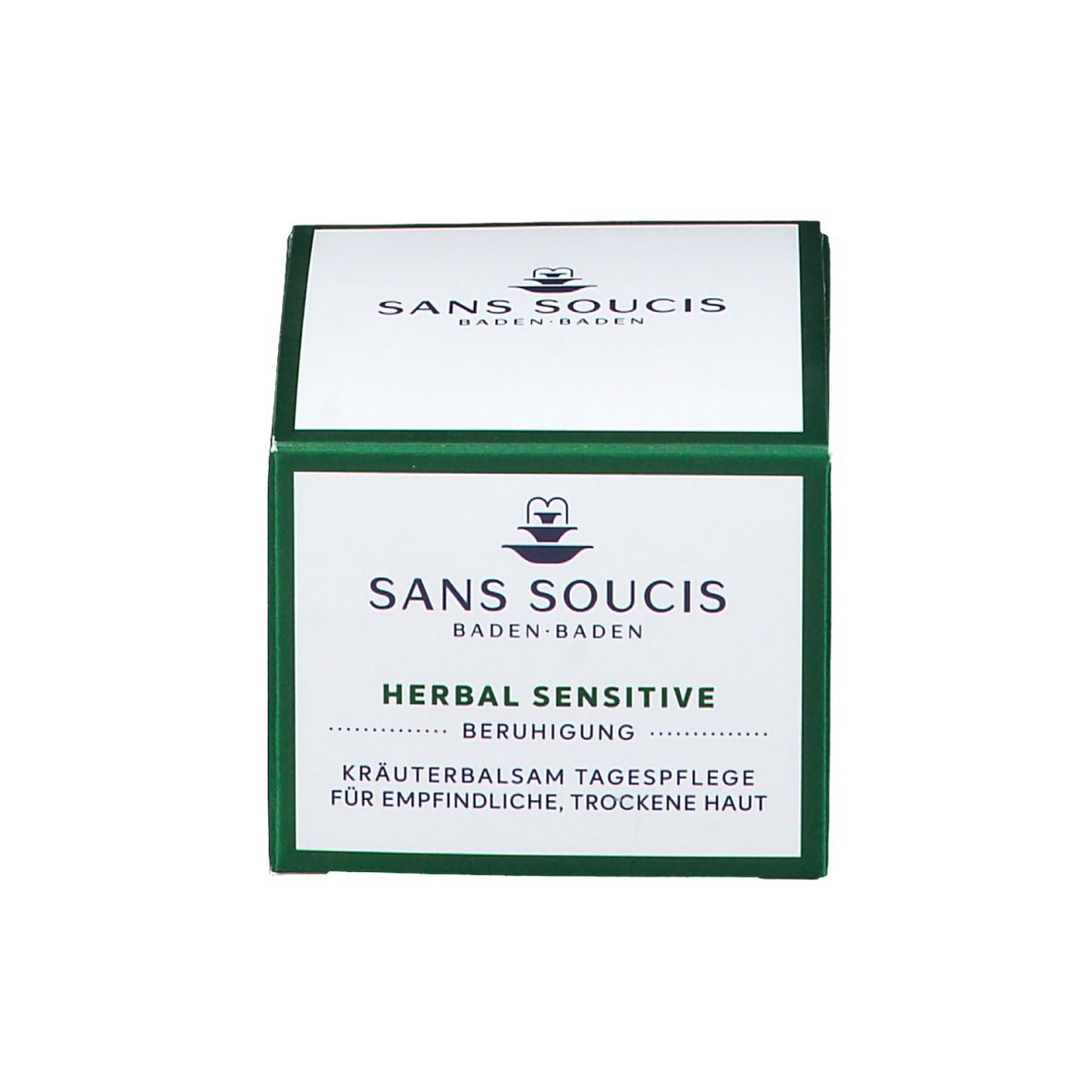 Emballage vert avec inscription: HERBAL SENSITIVE KRÄUTERBALSAM TAGESPFLEGE FÜR EMPFINDLICHE, TROCKENE HAUT.
