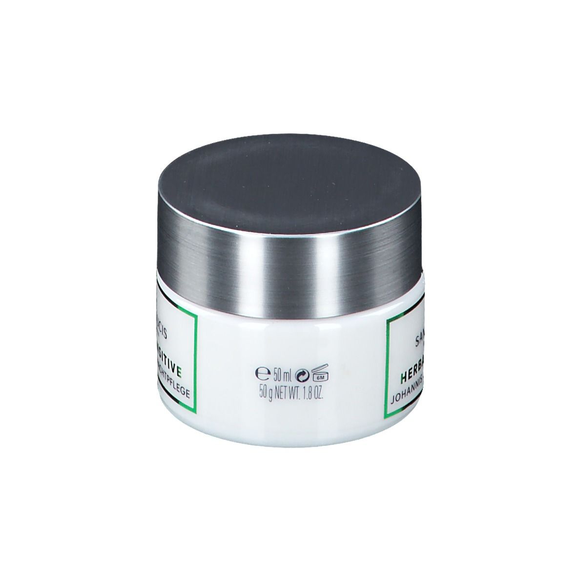 Pot blanc avec couvercle argenté. Étiquette verte avec texte. Inscription: 50g NET WT. 1.8 OZ.