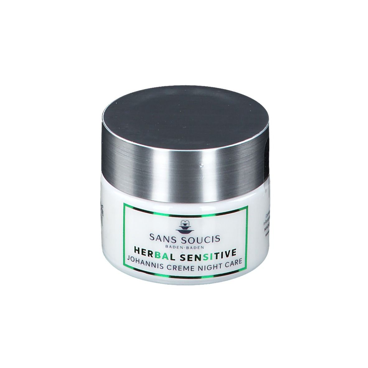 Pot blanc avec couvercle argenté. Étiquette verte avec texte: HERBAL SENSITIVE Johannis Creme Night Care.