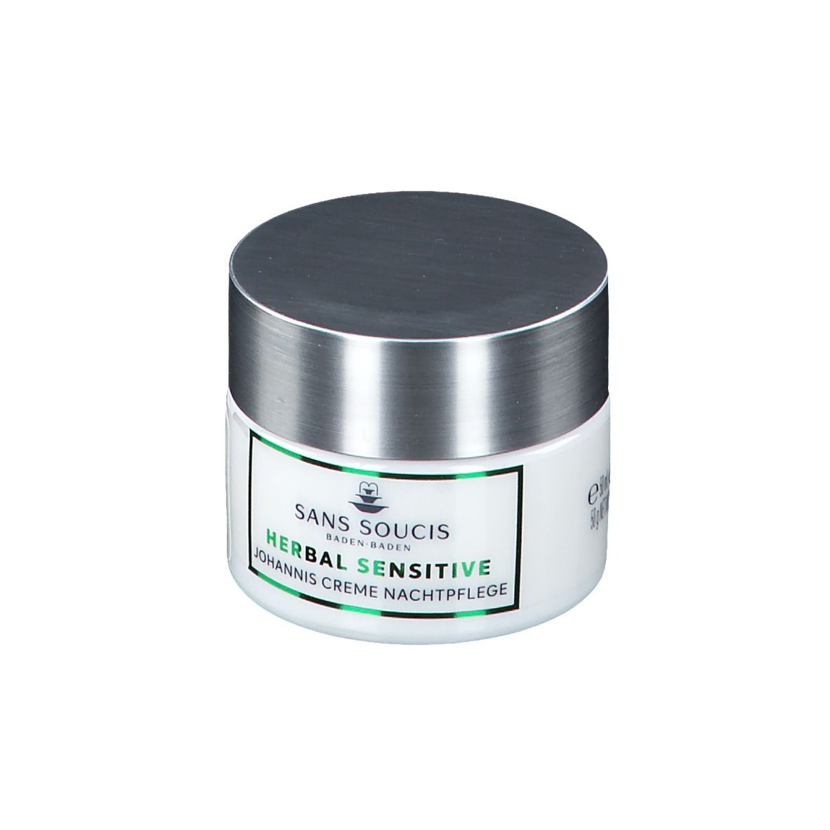 Pot blanc avec couvercle argenté. Étiquette verte avec texte: HERBAL SENSITIVE Johannis Creme Nachtpflege.
