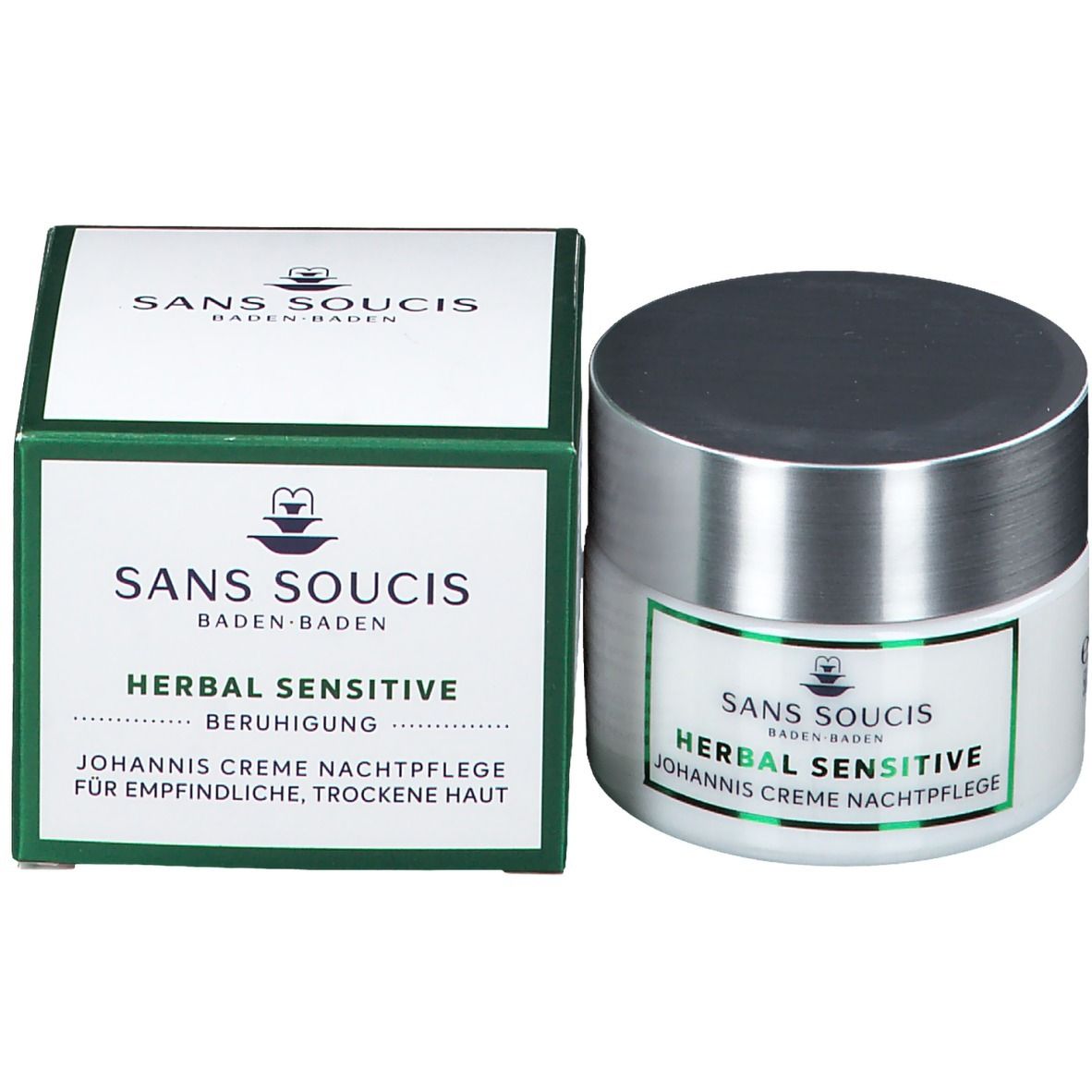 Produit et emballage. Pot blanc avec couvercle argenté. Emballage vert avec texte: HERBAL SENSITIVE Beruhigung.