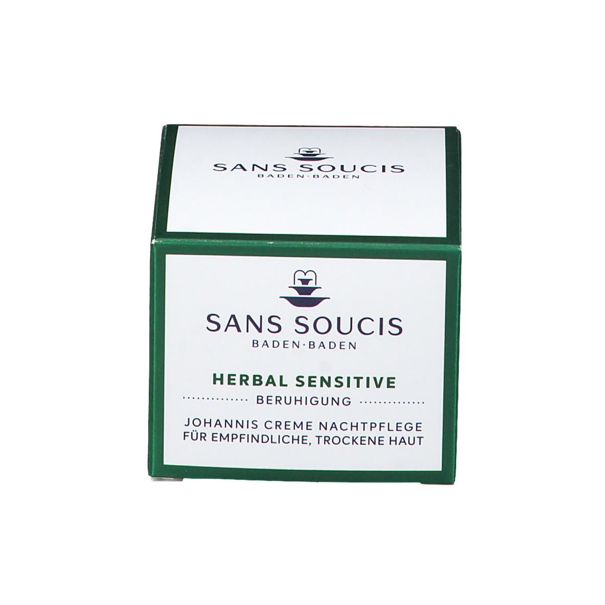 Emballage vert avec texte: HERBAL SENSITIVE Beruhigung. Johannis Creme Nachtpflege für empfindliche, trockene Haut.