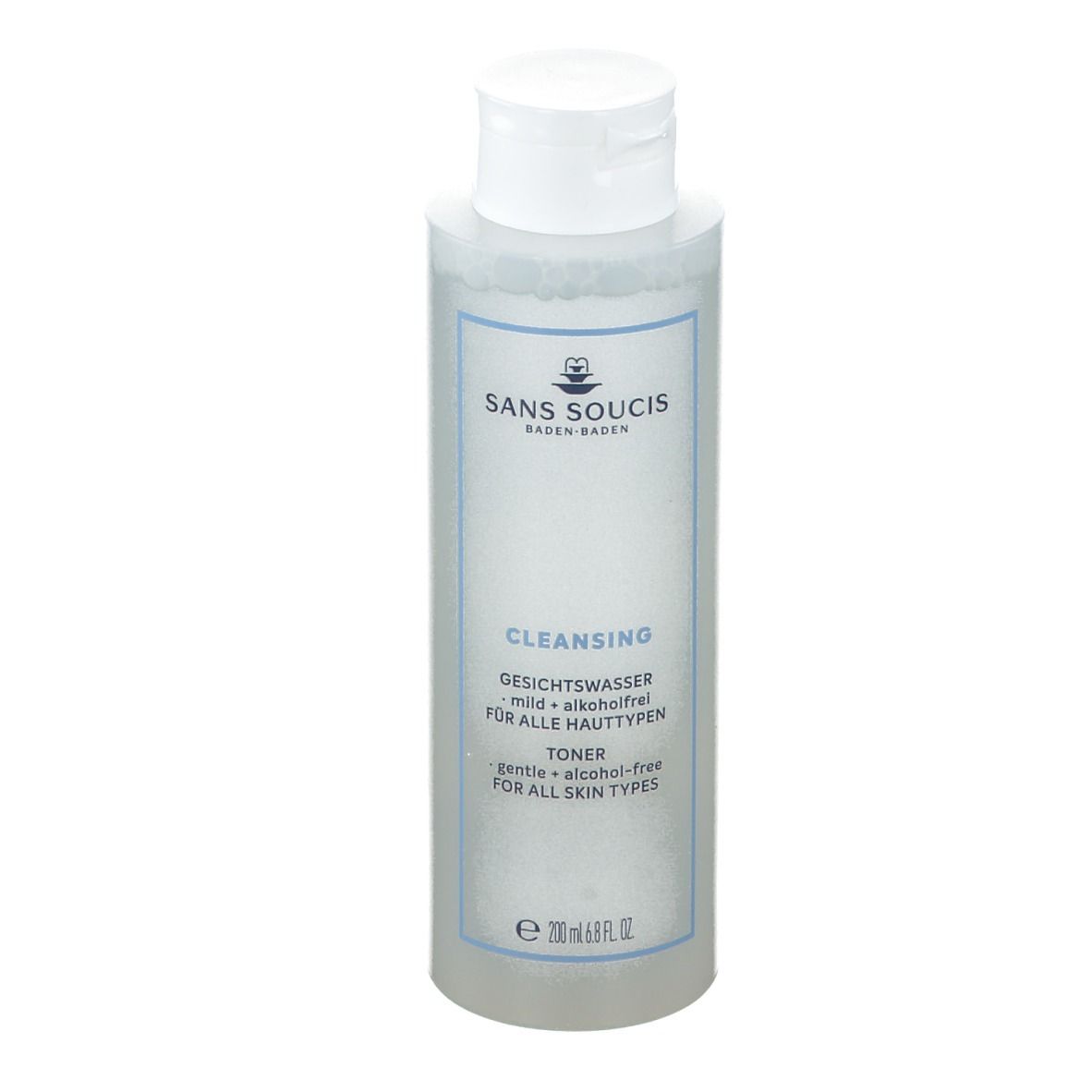 Flacon transparent avec bouchon blanc. Inscriptions: SANS SOUCIS, CLEANSING, Gesichtswasser, sans alcool, pour tous types de peau. Toner.