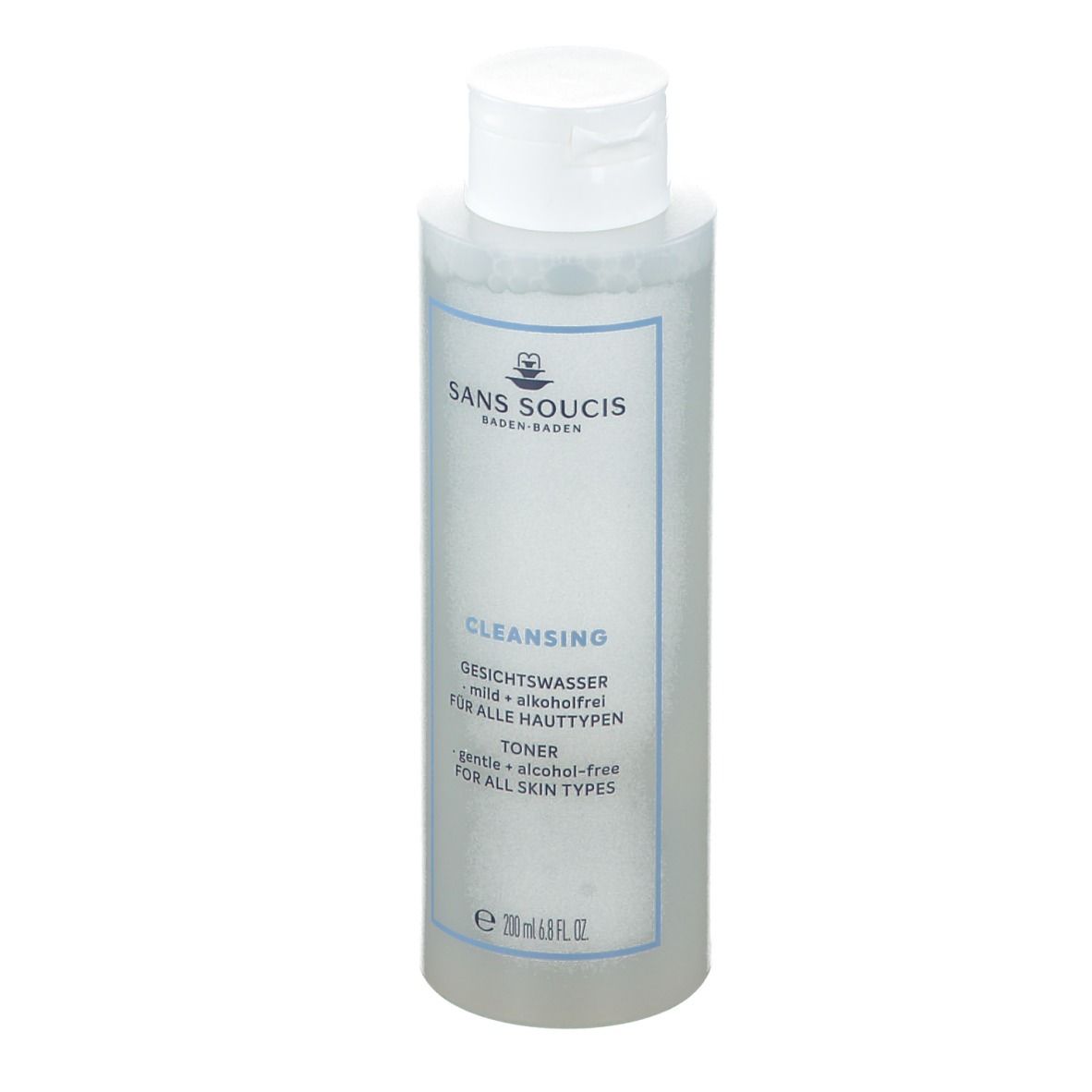 Flacon transparent avec bouchon blanc. Inscriptions: SANS SOUCIS, CLEANSING, Gesichtswasser, sans alcool, pour tous types de peau. Toner.