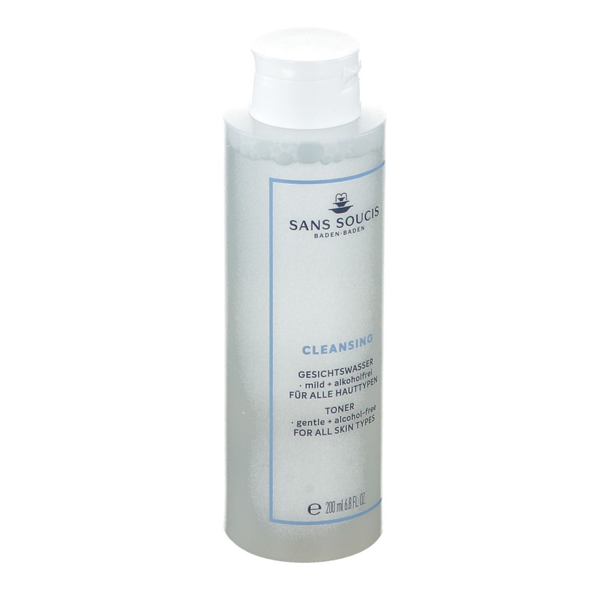 Flacon transparent avec bouchon blanc. Inscriptions: SANS SOUCIS, CLEANSING, Gesichtswasser, sans alcool, pour tous types de peau. Toner.