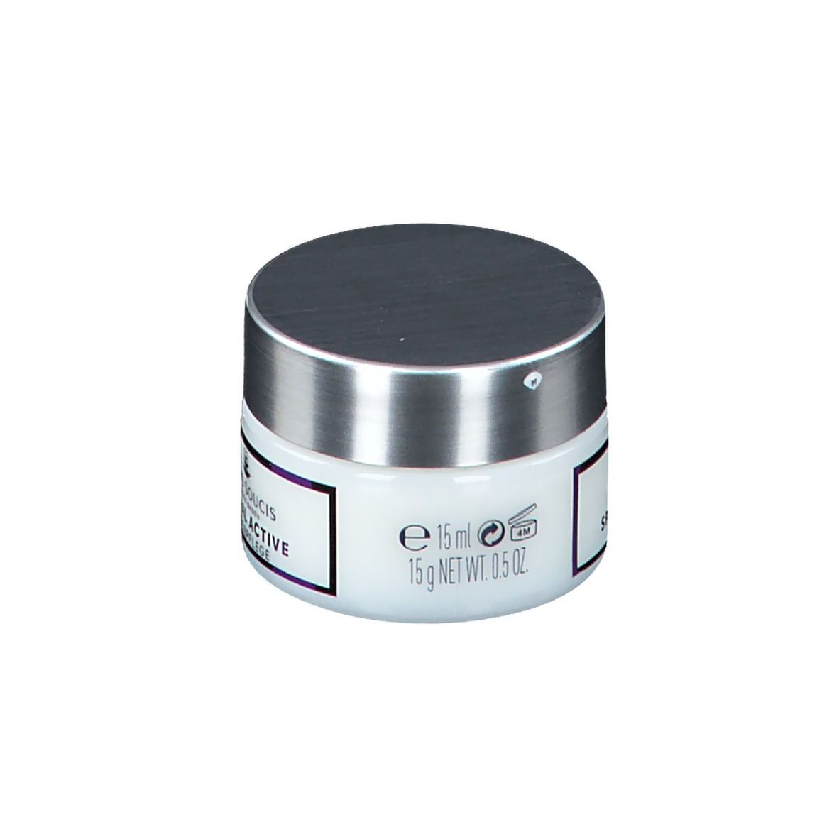 Weißes Tiegel mit silbernem Deckel. Aufschrift: SANS SOUCIS, 15 ml, 0.5 oz.
