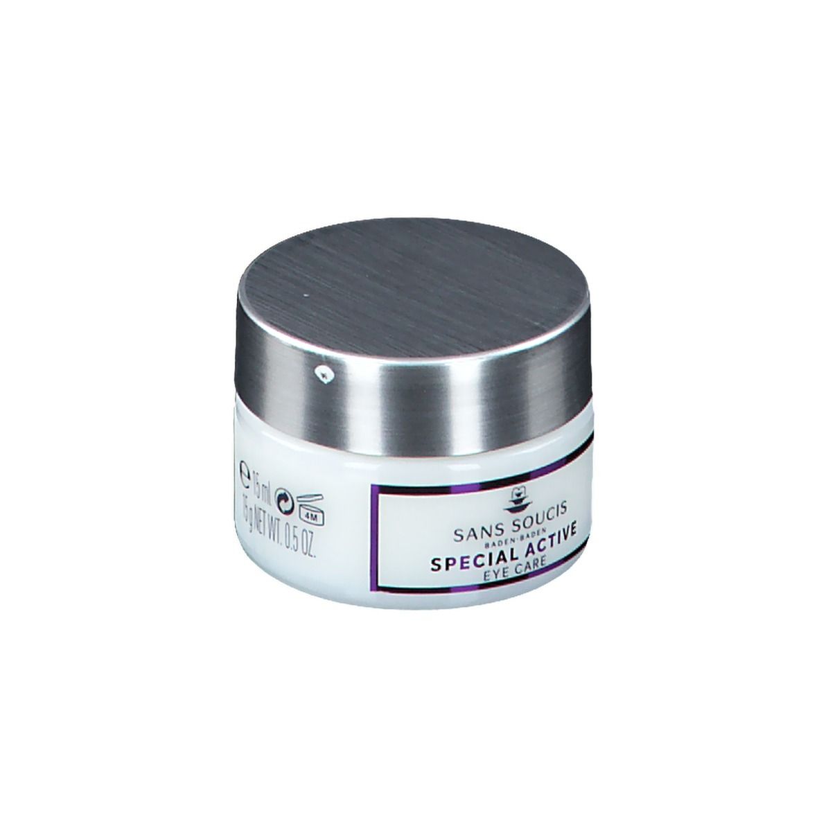 Weißes Tiegel mit silbernem Deckel. Aufschrift: SANS SOUCIS, SPECIAL ACTIVE EYE CARE, 15 ml.