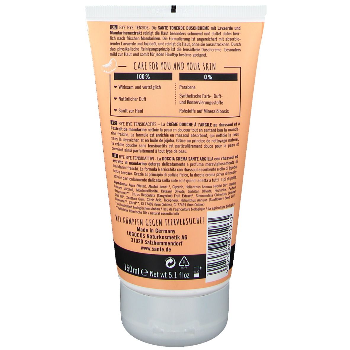SANTE Naturkosmetik Tonerde Crème douche Intense Argile de lave et mandarine