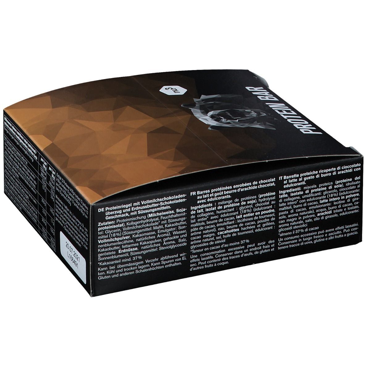 Emballage avec textes en plusieurs langues. Contient des informations sur les ingrédients. Marque : nu3. Inscription : "PROTEIN BAR".