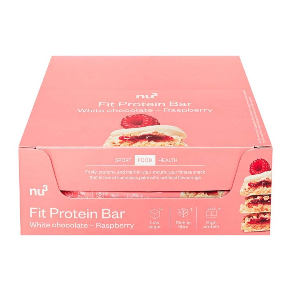 Emballage rose fermé avec nu3 Fit Protein Bar. Inscription : White chocolate - Raspberry. Logo, icônes.