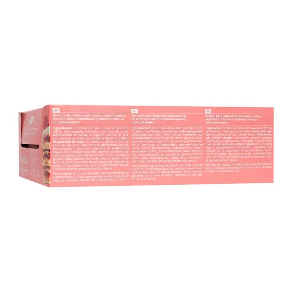 Dos de l'emballage rose avec texte. Ingrédients, informations nutritionnelles, texte en allemand, anglais et français.