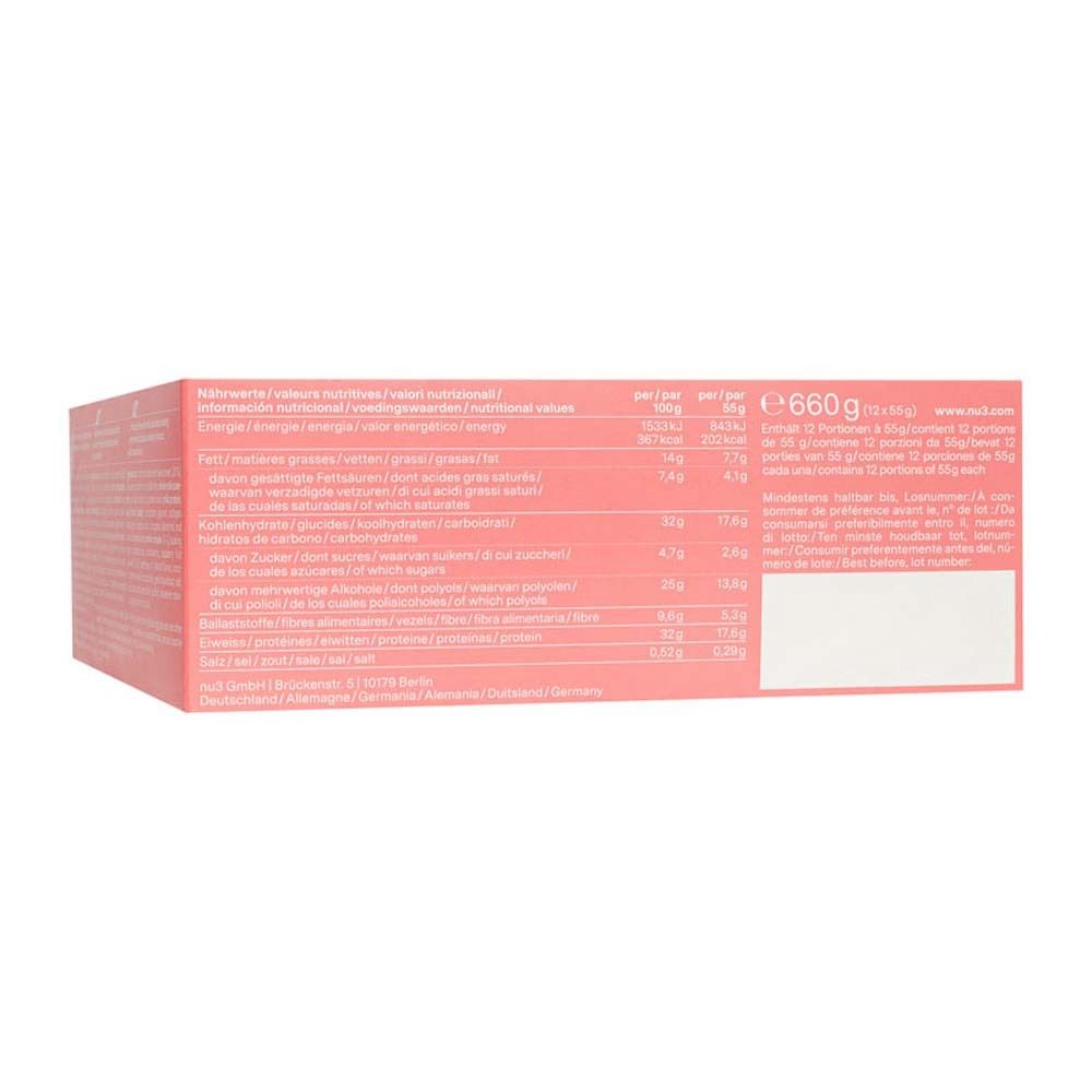 Dos de l'emballage rose avec texte. Informations nutritionnelles, texte en allemand, anglais et français.