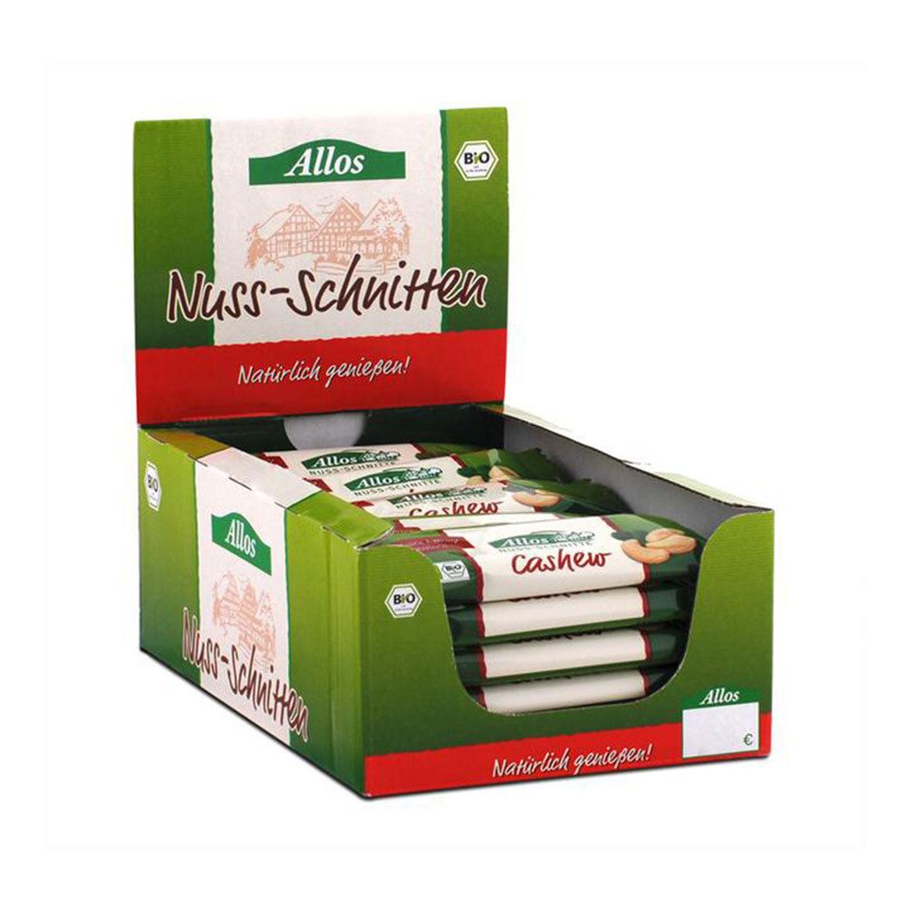 Allos Bio Nuss-Schnitte Cashew in Display-Box. Grüne und rote Verpackung mit Produktnamen und Logo. Bio-Siegel.