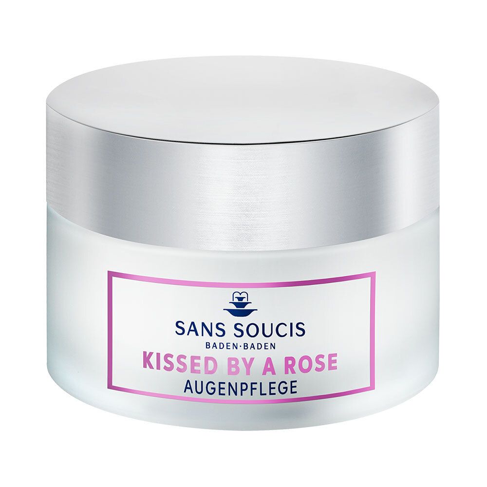 Creme-Tiegel mit silbernem Deckel. Aufschrift: SANS SOUCIS, KISSSED BY A ROSE, Augenpflege.