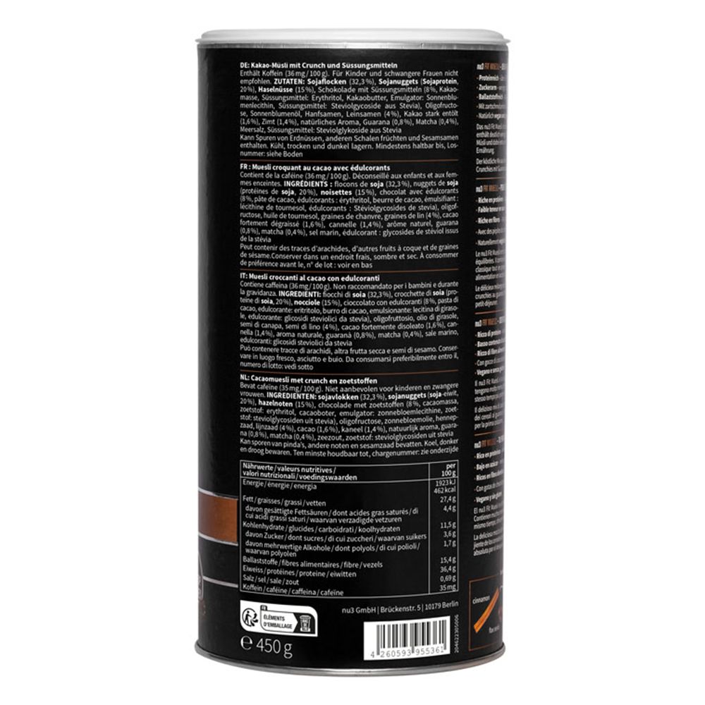 Zylinderförmige Dose mit Text. Zutatenliste, Nährwertangaben. Marke: nu3. Produkt: Fit Müsli Cacao Crunch.
