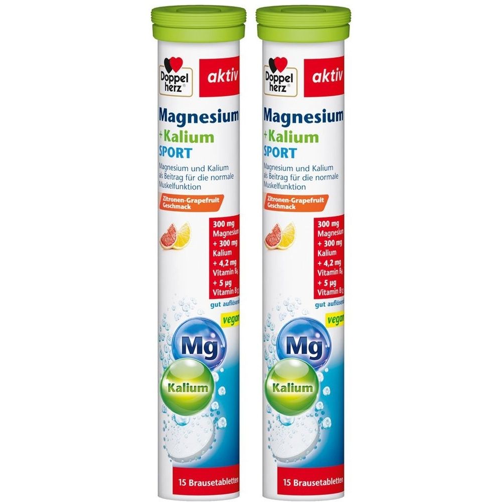 Deux tubes cylindriques de comprimés effervescents Doppelherz aktiv Magnesium + Kalium Sport. Étiquette verte et blanche, texte et logos.
