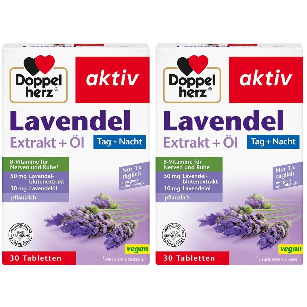 Deux boîtes de Doppelherz Lavande Extrakt + Öl. Emballage blanc avec fleurs de lavande violettes. Contient 30 comprimés, vegan.