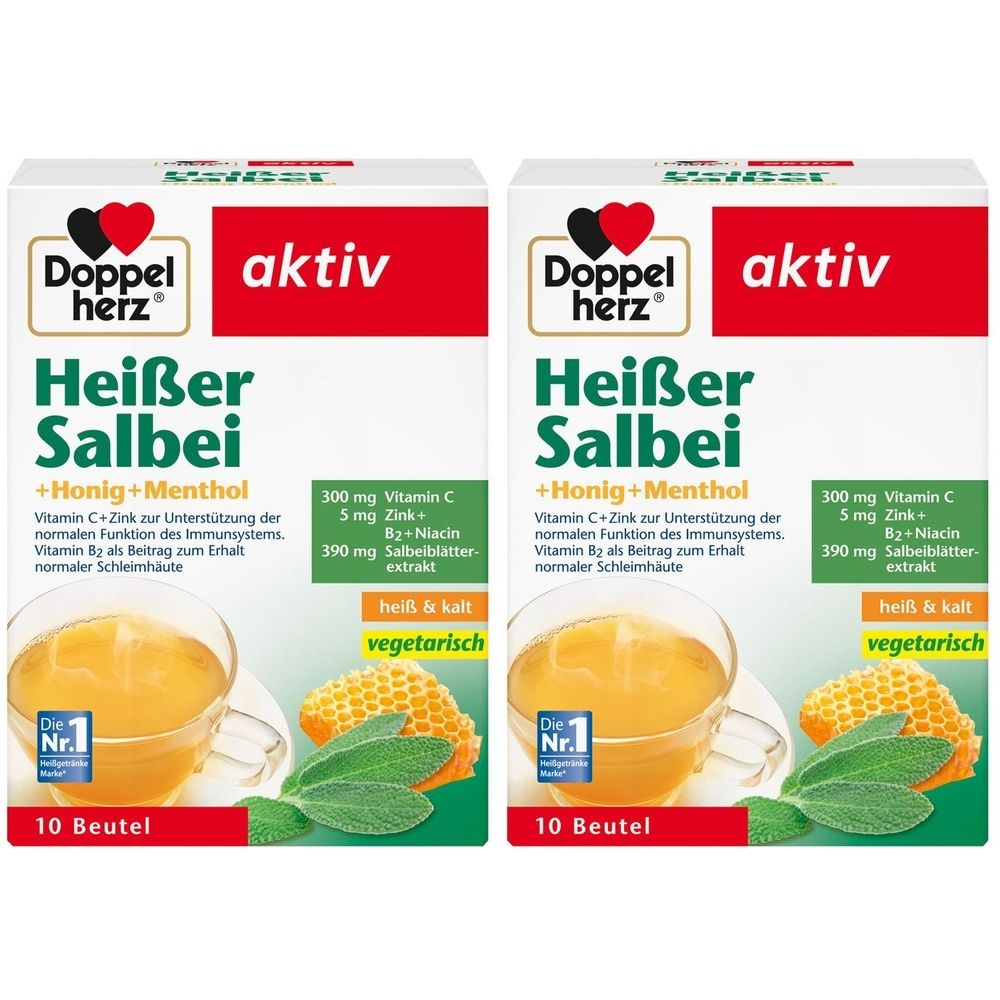 Zwei Packungen mit "Doppelherz aktiv Heißer Salbei + Honig + Menthol". Aufdrucke: 10 Beutel, Vitamin C, Zink, B2, Niacin, Salbeiblätterextrakt.