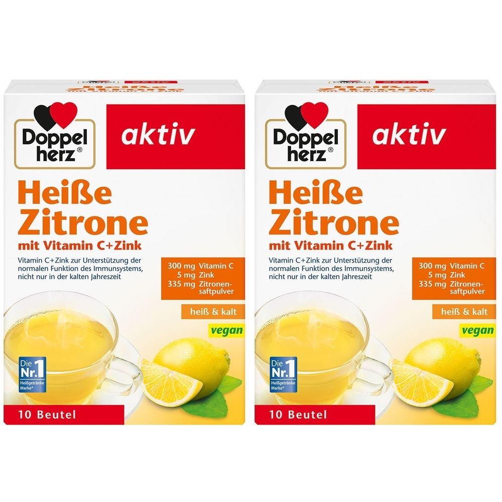 Deux boîtes de Doppelherz Heiße Zitrone avec vitamine C+zinc. Inscription: 10 sachets, vegan. Illustration: citron, boisson.