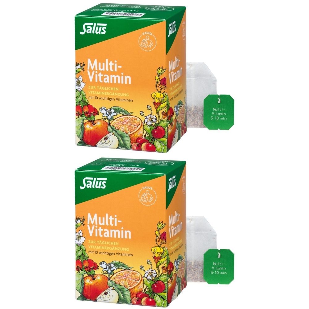 Deux boîtes de thé aux fruits Salus Multi-Vitamin. Impression avec des fruits et du texte. Sachet de thé à côté.