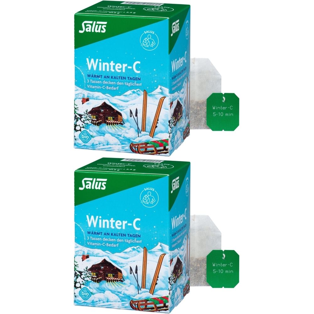 Deux boîtes de thé Salus Winter-C. Les boîtes affichent Winter-C, un motif hivernal et le logo Salus. Deux sachets de thé avec étiquette sont visibles.