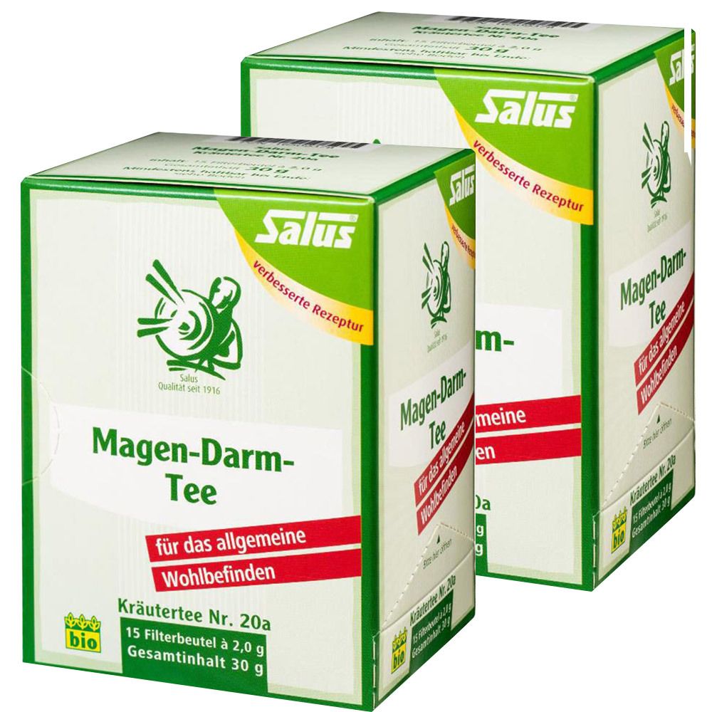 Zwei Kartons Salus Magen-Darm-Tee. Weiß, grün und rot. Aufschrift: Magen-Darm-Tee, Kräutertee Nr. 20a, Bio-Siegel.
