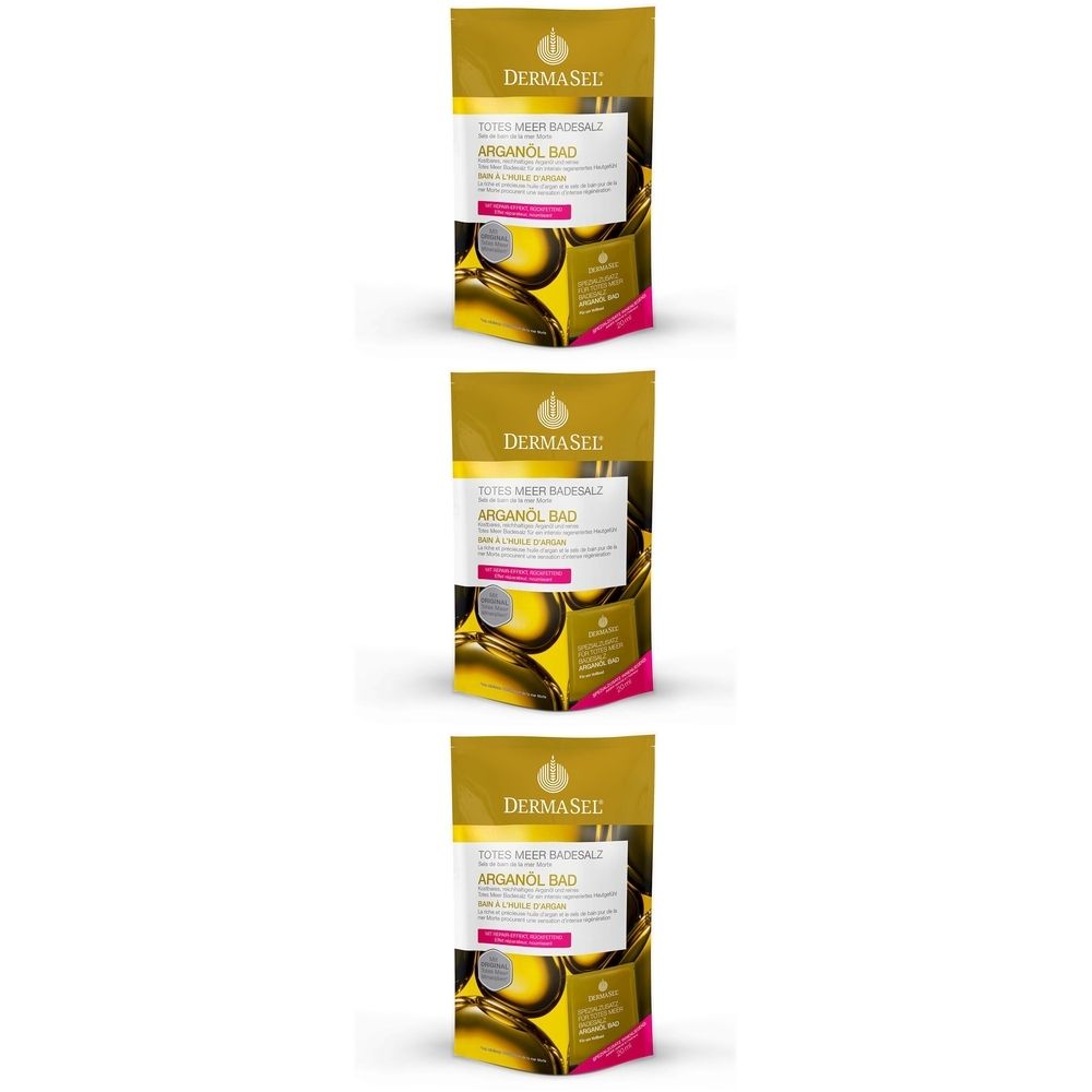 Trois sachets avec fond doré. Chaque sachet porte la mention "DERMASEL" et "Totes Meer Badesalz Arganöl Bad".