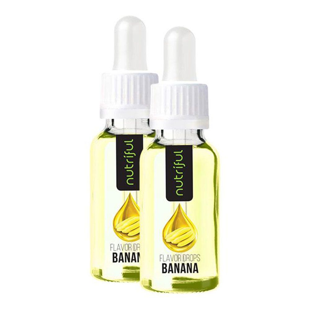 Deux flacons de liquide jaune avec pipettes. Les étiquettes indiquent "nutriful" et "FLAVOR DROPS BANANE".