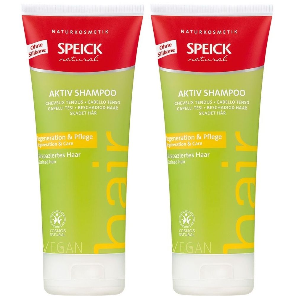 Deux tubes de shampooing. Design vert et blanc avec bouchon rouge. Inscription : SPEICK natural, AKTIV SHAMPOO, VEGAN.