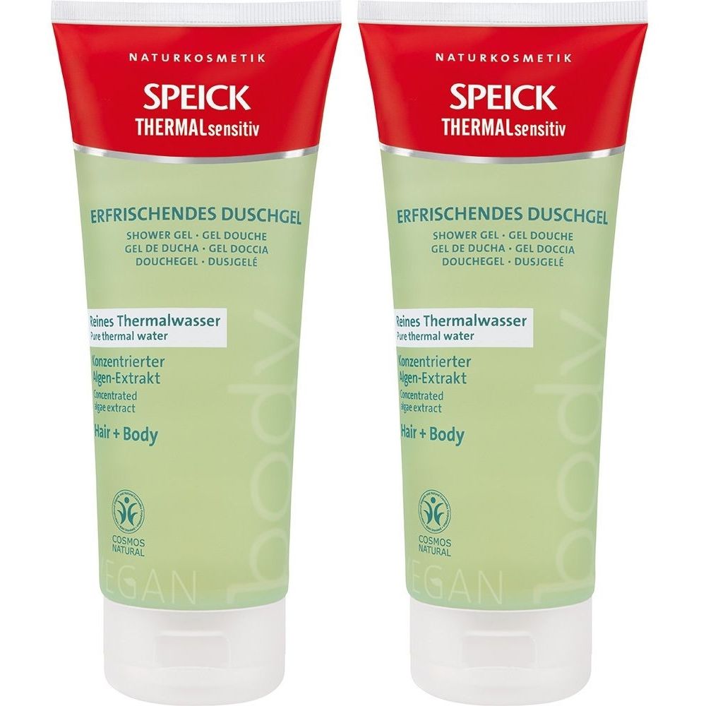 Deux tubes de gel douche. Design vert et blanc avec bouchon rouge. Texte: SPEICK THERMALsensitiv, ERFRISCHENDES DUSCHGEL, COSMOS NATURAL, VEGAN.