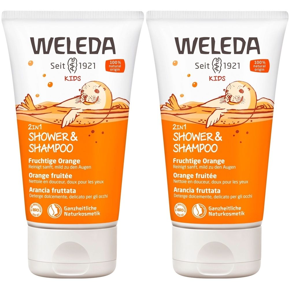 Deux tubes de Weleda Kids 2en1. Design orange avec illustration de phoque. Texte: Orange fruitée. Label: Naturkosmetik.