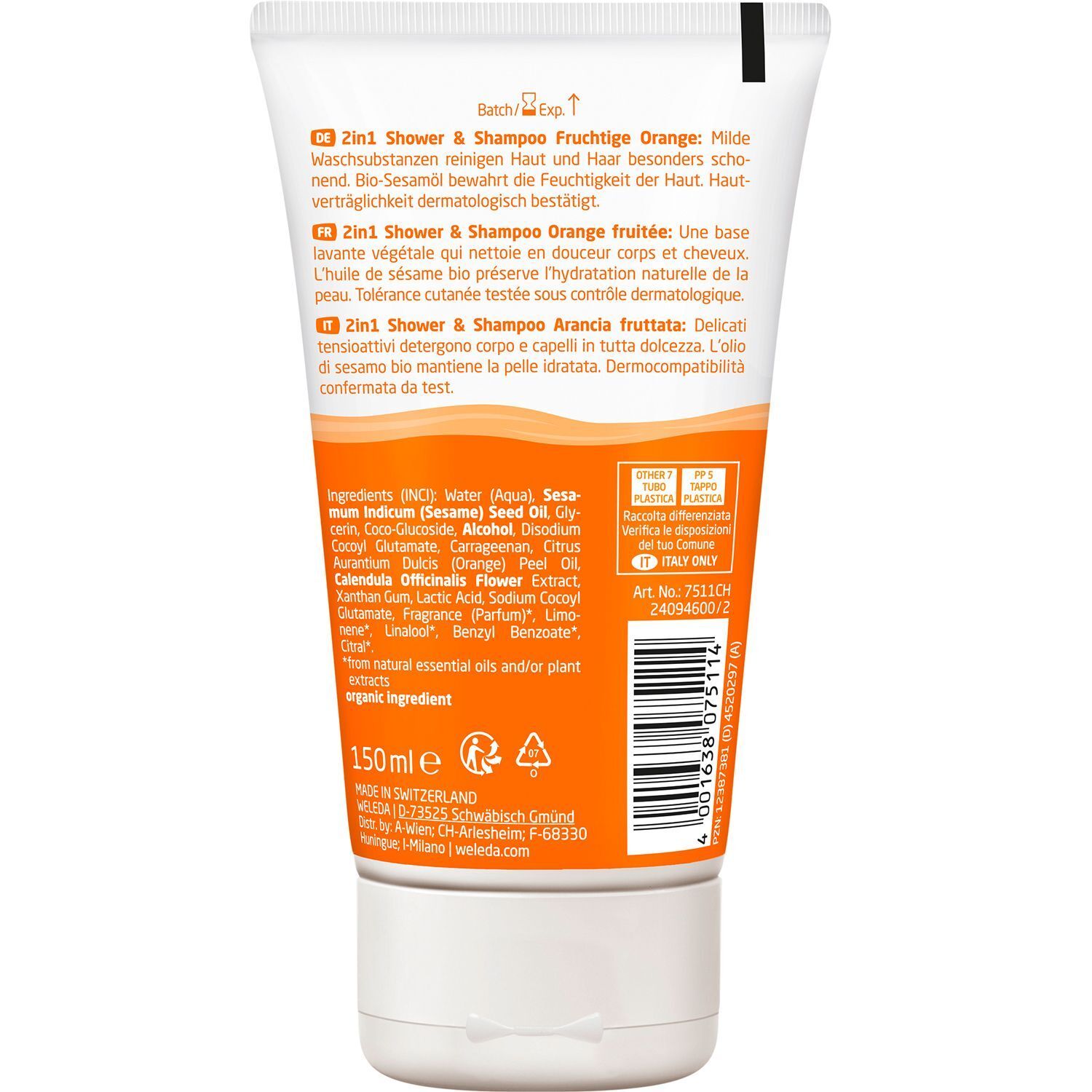 Arrière d'un tube Weleda 2en1 Gel douche & Shampoo Orange fruitée avec ingrédients et label Bio.
