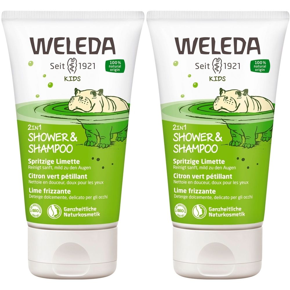 Zwei Tuben Weleda Kids 2in1 Shower & Shampoo. Grün-weißes Design mit Nilpferd-Illustration. Text: Spritzige Limette.