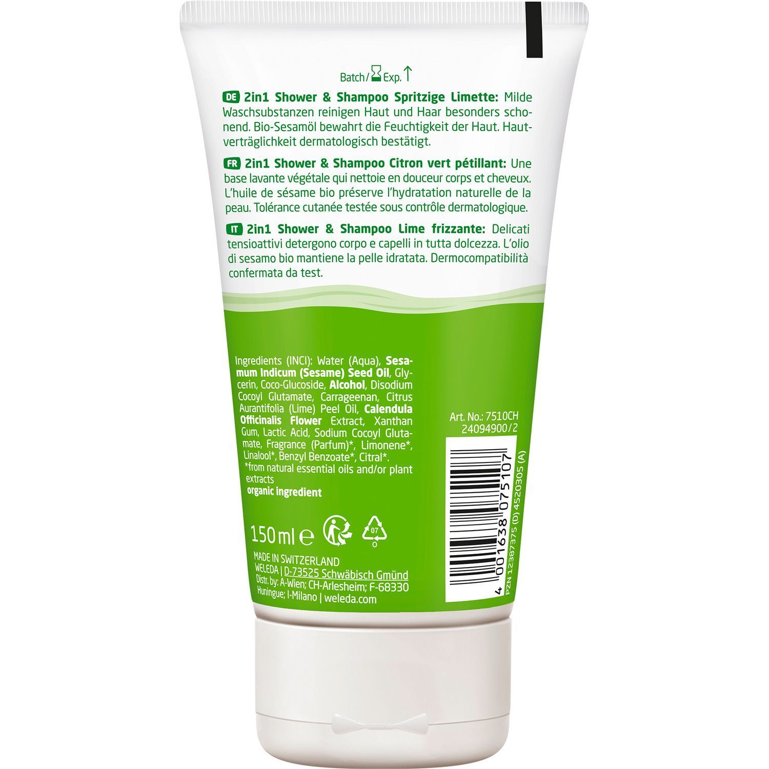 Arrière d'un flacon Weleda 2en1 Douche & Shampoing avec liste des ingrédients et instructions.