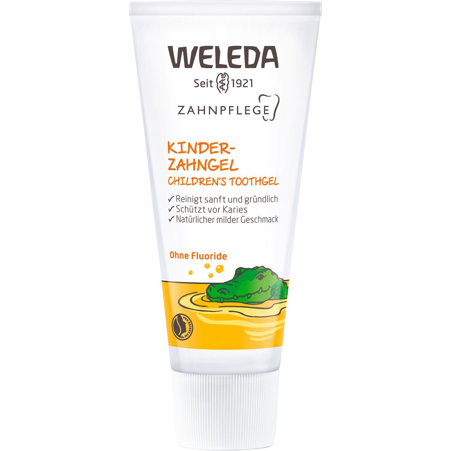 Tube Weleda Kinder-Zahngel mit Krokodil-Illustration. Reinigt sanft, schützt vor Karies. Ohne Fluorid.